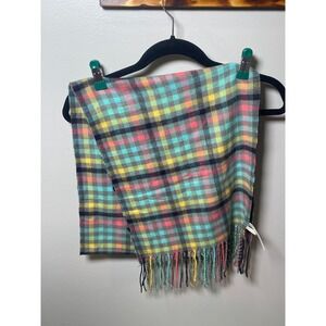 Talbots Womens Multi Color Plaid Fringe Scarf Teal Pink Yellow Acrylic Soft Wrap